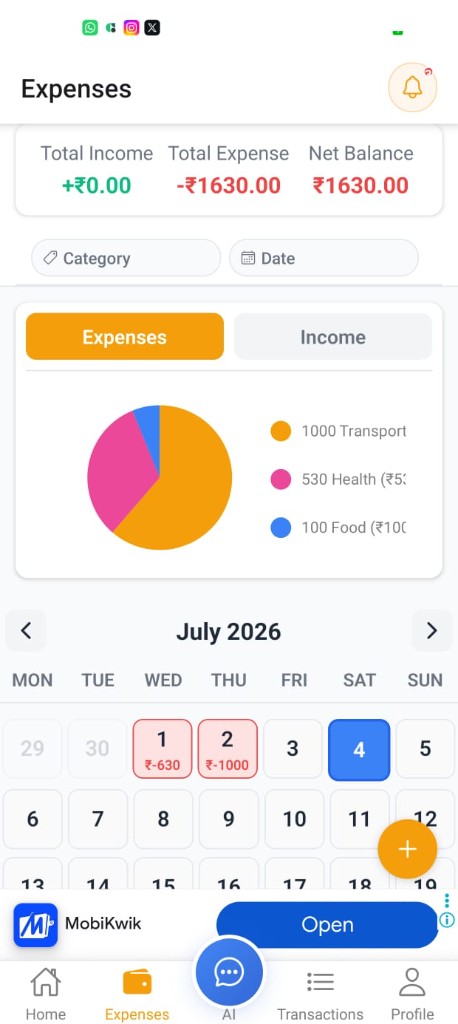ExMan expenses with pie chart